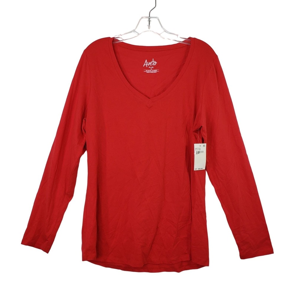 Aveto Womens Plus Size 1X Long‎ Sleeve V Neck T Shirt Top True Red Cotton Blend